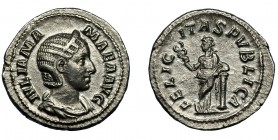 JULIA MAMEA. Denario. Roma (225-235). R/ Felicitas con caduceo apoyada en columna; FELICITAS PVBLICA. AR 2,76 g. 20,2 mm. RIC-335. EBC-.