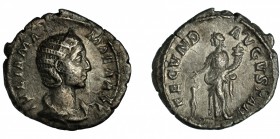 JULIA MAMEA. Denario. Roma (225-235). R/ Fecunditas a izq. con cornucopia, delante niño; FECVND AVGVSTAE. AR 2,36 g. 19,8 mm. RIC-331. Fina grieta. MB...