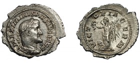MAXIMINO I. Denario. Roma (236-238). R/ Victoria a izq. con corona, palma y cautivos a sus pies; VICTORIA GERM. AR 2,15 g. 23,2 mm. RIC-23. Cospel irr...