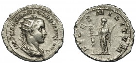 GORDIANO III. Antoniniano. Roma (238-239). R/ Fides con cetro y estandarte; FIDES MILITVM. AR 3,64 g. 23,3 mm. RIC-1. MBC.