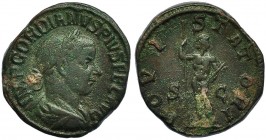 GORDIANO III. Sestercio. Roma (241-243). A/ Busto laureado con manto y coraza a der. R/ Júpiter con cetro y haz de rayos; IOVI STATORI, S-C. RIC-298a....