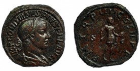 GORDIANO III. Sestercio. Roma (241-244). R/ Emperador en traje militar a izq. Con globo y lanza; P M TR P VI COS II P P, S-C. AE 17,05 g. 29,9 mm. RIC...