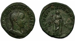 GORDIANO III. Sestercio. Roma (244). R/ Securitas apoyada en columna y con cetro; SECVRITAS PERPETVS, S-C. AE 19,58 g. 29,2 mm. RIC-336. Pátina verde....