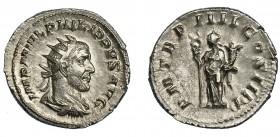FILIPO I. Antoniniano. Roma (247). R/ Felicitas a izq. con caduceo y cornucopia; P M TR P IIII COS II P P. AR 4,37 g.22,9 mm. RIC-4. MBC+.