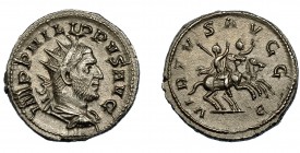 FILIPO I. Antoniniano. Roma (248). R/ Filipo y Filipo II a caballo a der.; VIRTVS AVGG. VE 4,78 g. 21,9 mm. RIC-10. EBC-/EBC.