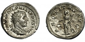 FILIPO I. Antoniniano. Roma (244-249). R/ Aequitas a izq. con balanza y cornucopia; AEQVITAS AVGG. VE 4,12 g. 23 mm. RIC-240. EBC-/MBC+.