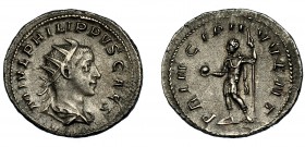 FILIPO II. Antoniniano. Roma (244-246). R/ Filipo II a izq. con lanza y globo; PRINCIPI IVVENT. VE 3,93 g. 23,2 mm. RIC-219 vte. MBC/MBC+.