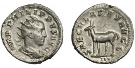 FILIPO II. Antoniniano. Roma (248). R/ Cabra a izq.; SAECVLARES AVGG, en exergo III. AR 3,87 g. 21,8 mm. RIC-224. MBC-/MBC+.