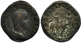 FILIPO II (bajo Filipo I). Sestercio. Roma (249). A/ Busto laureado, drapeado y con coraza a der.; IMP M IVL PHILIPPVS AVG. R/ Filipo I y Filipo II se...