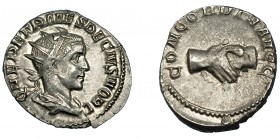 HERENIO ETRUSCO. Antoniniano. Roma (250-251). R/ Manos enlazadas; CONCORDIA AVGG. VE 2,96 g. 21,4 mm. RIC-138. Punto de óxico. MBC+. Escasa.