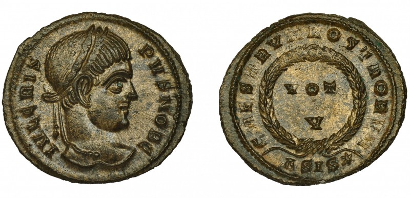 CONSTANTINO II (como césar). Follis. Siscia (320-321). VOT/V dentro de láurea, e...