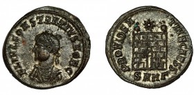 CONSTANCIO II. Follis reducido. Heraclea (325-326). R/ Puerta de campamento con dos torretas; PROVIDENTIAE CAESS, exergo SMHG (gamma). VE 2,93 g. 19,1...