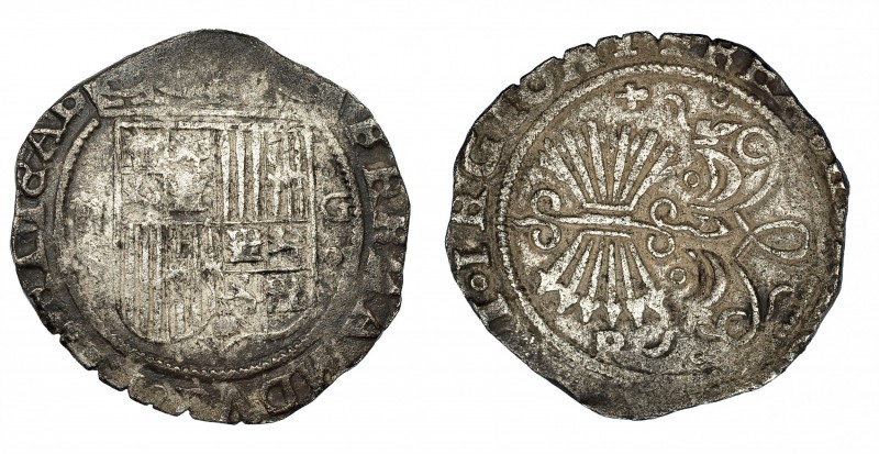 REYES CATÓLICOS. 2 reales. Granada. A/ Escudo entre II y G acotados por roeles. ...