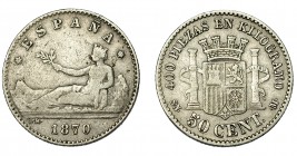 GOBIERNO PROVISIONAL. 50 céntimos. 1870*7--0. Madrid. SNM. VII-11. BC+/MBC-.