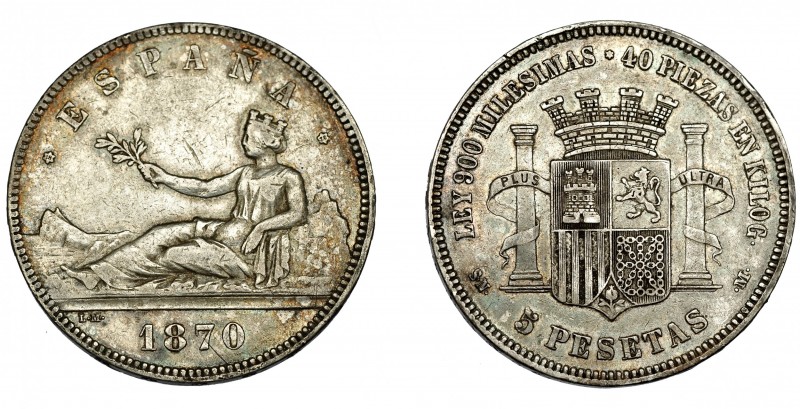 GOBIERNO PROVISIONAL. 5 ptas. 1870 *18-70. Madrid. SNM. VII-22. Rayitas. MBC.