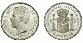 AMADEO I. 5 pesetas. 1871 *18-71. Madrid. SDM. VII-32. EBC+.