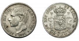 ALFONSO XII. 50 céntimos. 1881 *8-1. Madrid. MSM. VII-49. Raya en anv. MBC.