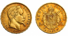 FRANCIA. Napoleón III. 20 francos. 1868. BB (Estrasburgo). KM-800.2. FR-587. MBC+.