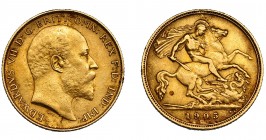 GRAN BRETAÑA. Eduardo VII. 1/2 soberano. 1905. KM-804. FR-401. Pequeñas marcas. MBC.