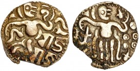 INDIA. Dinastías hindúes. Chola (985-1014). Kahavanu. FR-285. Falta fragmento. Oro bajo. MBC.
