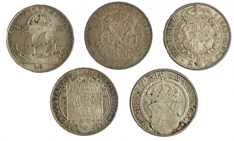 SUECIA. Lote 5 monedas de 2 kronor. EBC.