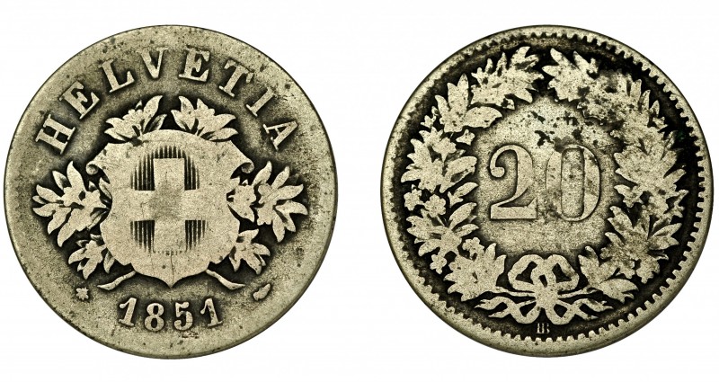 SUIZA. 20 Rappen. 1851. BB. KM-7. BC+. Escasa.