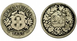 SUIZA. 20 Rappen. 1851. BB. KM-7. BC+. Escasa.