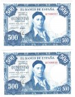 Lote de 4 billetes de 500 pesetas, dos de ellos correlativos. 22 julio 1954. Series H y S. ED-D69b. Plancha.