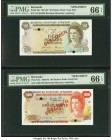 Bermuda Monetary Authority 50; 100 Dollars 1.4.1978; 2.1.1982 Pick 32s; 33s Two Specimen PMG Gem Uncirculated 66 EPQ (2). Red Specimen overprints; two...