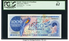 Low Serial Number 21 Burundi Banque de la Republique du Burundi 1000 Francs 1.4.1968 Pick 25a PCGS Currency New 61. Staining is present.

HID098012420...
