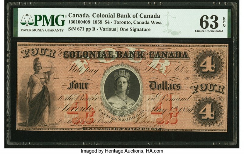 Canada Toronto, CW- Colonial Bank of Canada $4 1859 Ch.# 130-10-04-08 PMG Choice...