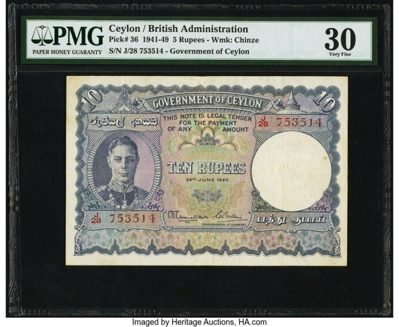 Ceylon Government of Ceylon 5 Rupees 24.6.1945 Pick 36 PMG Very Fine 30. 

HID09...