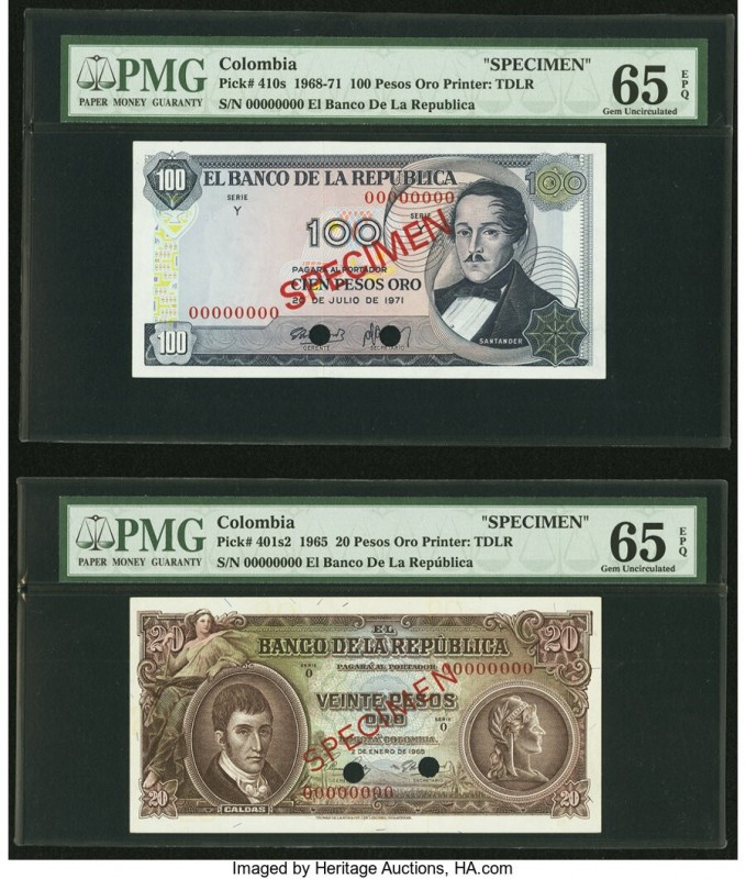 Colombia Banco de la Republica 20; 100 Pesos Oro 2.1.1965; 20.7.1971 Pick 401s2;...