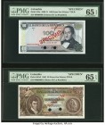 Colombia Banco de la Republica 20; 100 Pesos Oro 2.1.1965; 20.7.1971 Pick 401s2; 410s Two Specimen PMG Gem Uncirculated 65 EPQ(2). Red Specimen overpr...