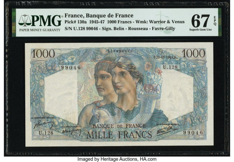 France Banque de France 1000 Francs 22.11.1945 130a PMG Superb Gem Unc 67 EPQ. 
...