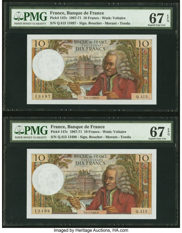 France Banque de France 10 Francs 4.7.1968 Pick 147c Two Consecutive Examples PM...