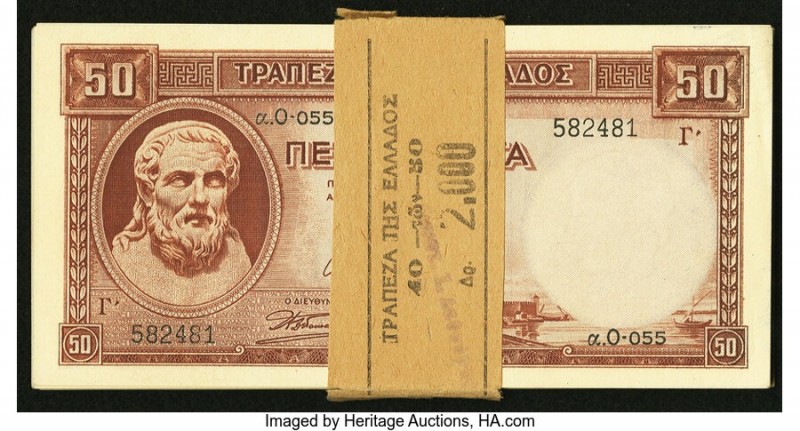 Greece Bank of Greece 50 Drachmai 1941 (ND 1945) Pick 168 40 Consecutive Example...