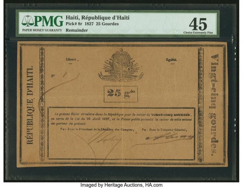 Haiti Treasury 25 Gourdes 16.4.1827 Pick 8r Remainder PMG Choice Extremely Fine ...