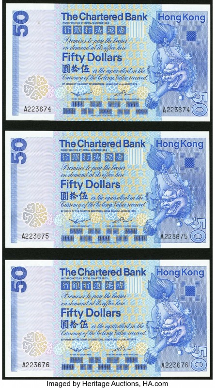Hong Kong Chartered Bank 50 Dollars 1.1.1979 Pick 78a 3 Consecutive Examples Abo...