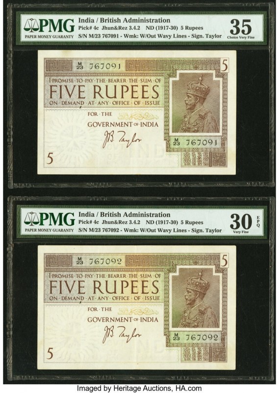 India Government of India 5 Rupees ND (1917-30) Pick 4c Jhun3.4.2 Two Consecutiv...