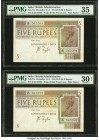 India Government of India 5 Rupees ND (1917-30) Pick 4c Jhun3.4.2 Two Consecutive Examples PMG Very Fine 30 EPQ; Choice Very Fine 35. Spindle hole at ...