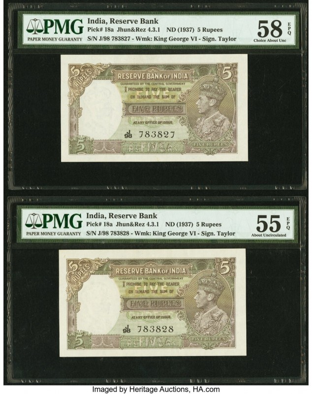 India Reserve Bank of India 5 Rupees ND (1937) Pick 18a Jhun4.3.1 Two Consecutiv...
