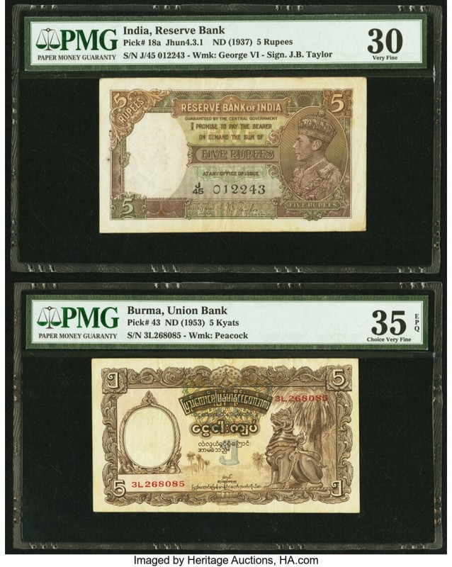 India Reserve Bank of India 5 Rupees; 5 Kyats ND (1937); ND (1953) Pick 18a; 43 ...