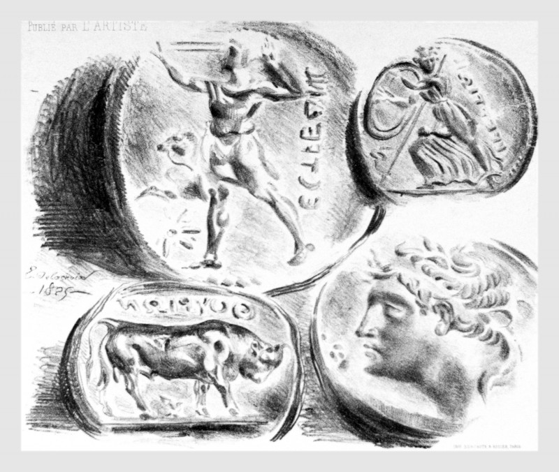 Eugène Delacroix (1798-1863). Studies of four Greek coins. 1825. Lithograph. 20x...