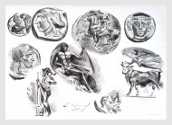 Eugène Delacroix (1798-1863). Studies of nine greek coins. 1825. Lithograph. 30x21cm. Fourth state of five. Signed and dated in stone. Delteil 46. Usu...