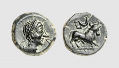 Hispania. Castulo. 1st century BC. Æ Semis (4.31g, 6h). SNG Spain 1377; Tradart 6.1 (this coin). Superb green patina. Perfectly centered and struck. C...
