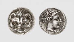 Bruttium. Rhegium. 415-387 BC. AR Tetradrachm (16.77g, 3h). Herzfelder 95f = Larizza 248 (this coin). Old cabinet tone. Struck from high relief dies o...