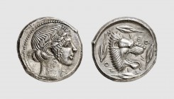 Sicily. Leontinoi. 450-440 BC. AR Tetradrachm (17.27g, 1h). SNG ANS 230; Gillet 441. Lightly toned. Perfectly centered and struck. Lovely early classi...