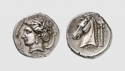 Sicily. The Carthaginians. 330-300 BC. AR Tetradrachm (17.14g, 11h). Jenkins 189; Tradart 6.128 (this coin). Old cabinet tone. Struck on a broad flan....
