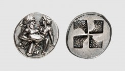 Thrace. Thasos. 435-411 BC. AR Drachm (3.46g). SNG Copenhagen 1018; Le Rider 8. Old cabinet tone. Perfectly centered and struck. A lovely coin. Choice...